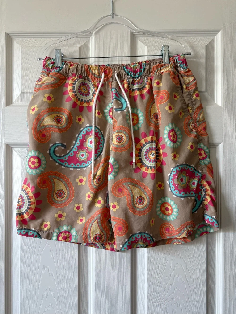 Peter Millar Men’s Paisley Print Drawstring Swim Trunks - Tan & Multicolor
